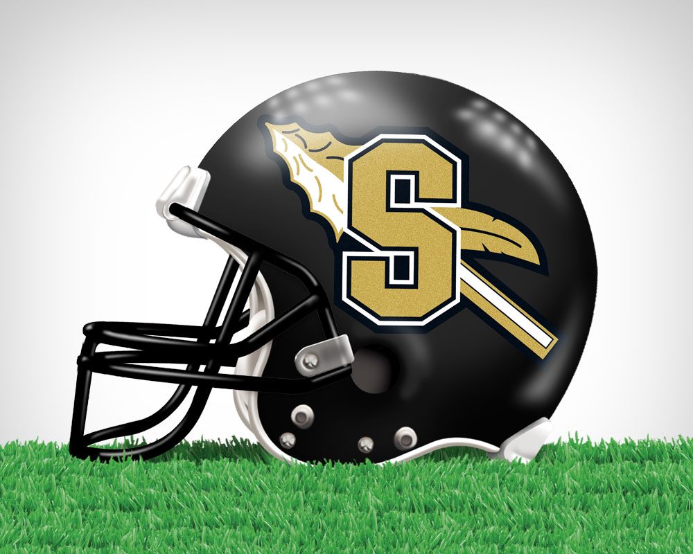 Black football helmet with an S in gold and white