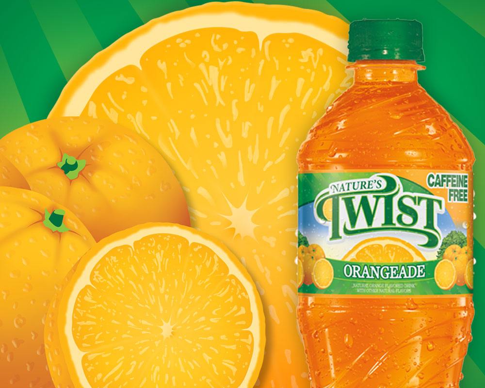 Nature's Twist bottle label and cartoon oranges