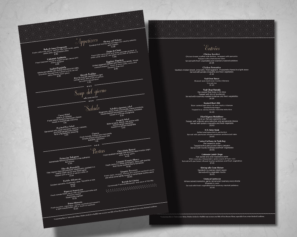 A restaurant menu in black and white
