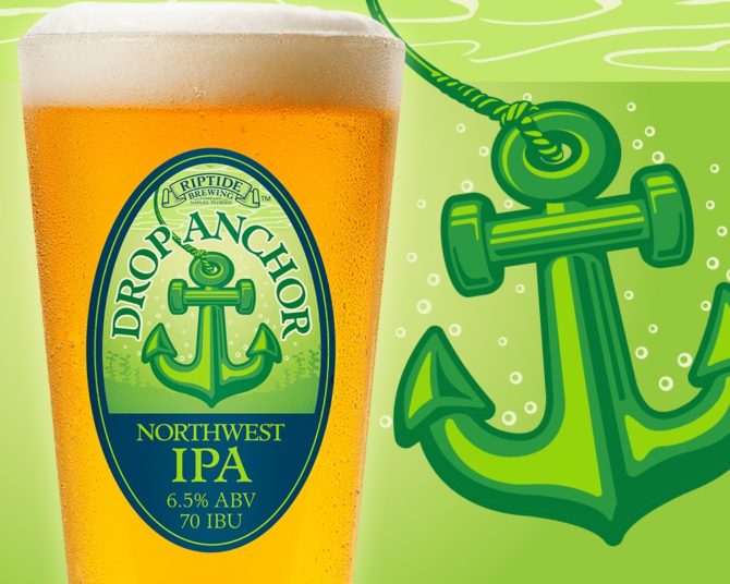 A photo of a glass for Riptide Brewing filled with beer and next to a green cartoon anchor